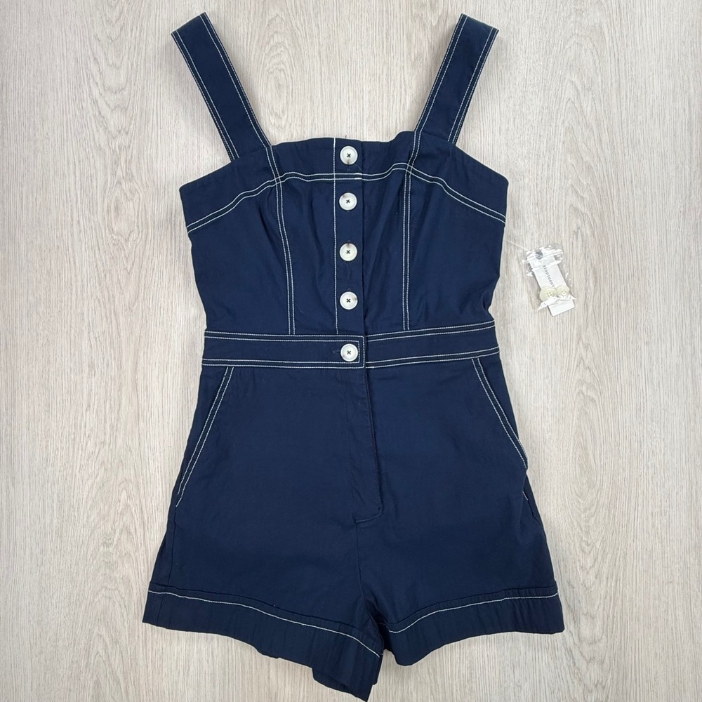 Romper Maeve Women 8 Navy Blue Colette Short Contrast Stitch Button Front Cotton